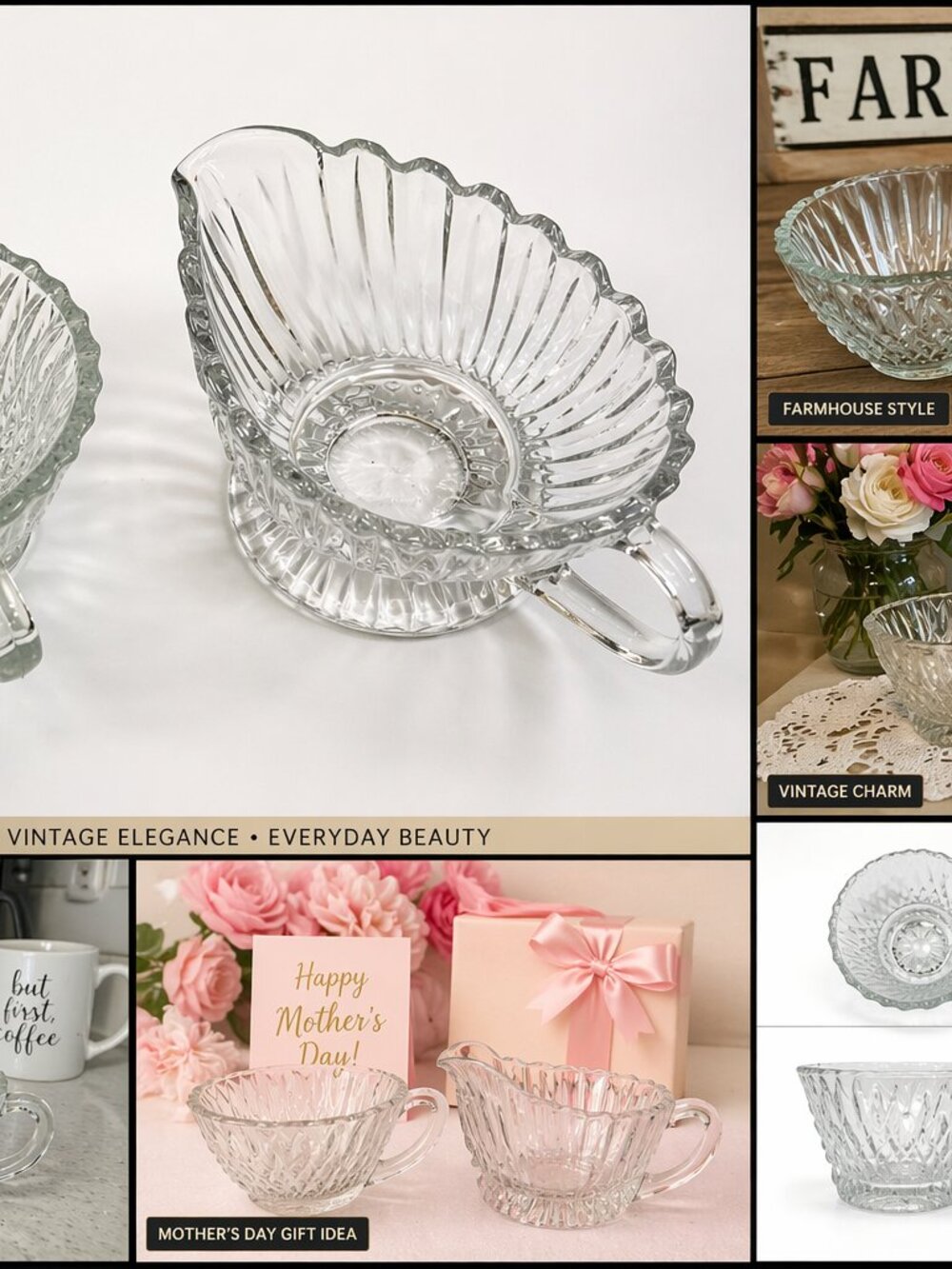 CS-07-Vintage Pressed Glass Creamer and Sugar Bowl Set, Clear Glass Farmhouse Ki